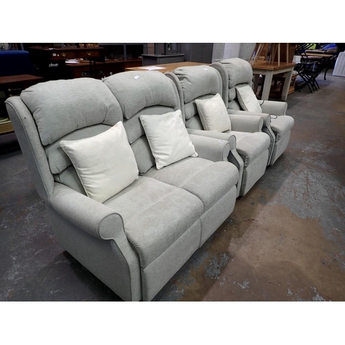 1584 - Three piece suite including two electric recliners, no stains as such but certainly would benefit fr... 