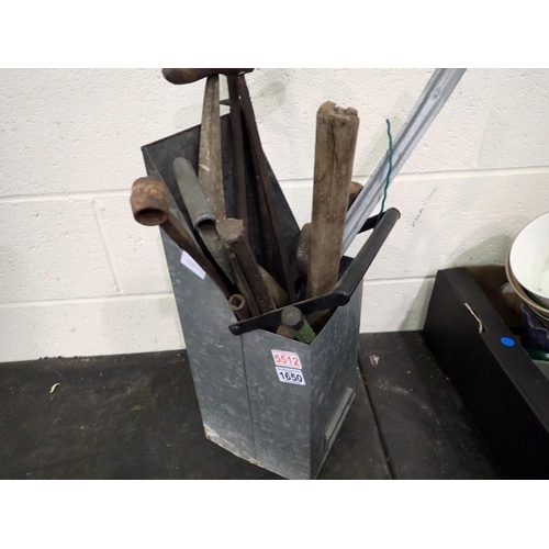 1650 - Mixed hand tools in metal container. Not available for in-house P&P