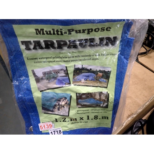 1718 - New old stock 1.2m x 1.8m tarpaulin, blue/green. UK P&P Group 2 (£20+VAT for the first lot and £4+VA... 