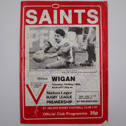 102 - St Helens Rugby Club Saints vs Wigan 7th May 1985 programme, the front cover bearing multiple signat... 