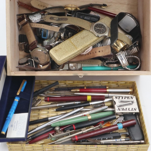 107 - Quantity of wristwatches and pens in wooden box including Pulsar and Accurist, and Parker pens. UK P... 