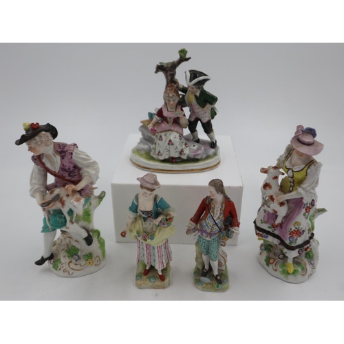 145 - Five continental figurines including Dresden, one figure with re-glued hat rim and other losses. Not... 