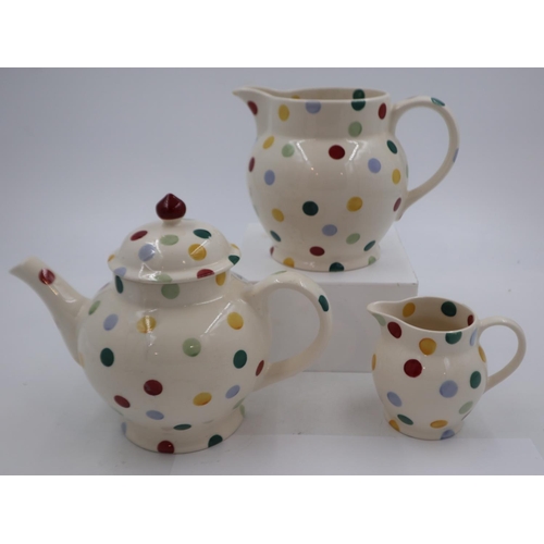 146 - Emma Bridgewater teapot and two jugs in the Polka Dot pattern, no cracks or chips, largest H: 21 cm.... 