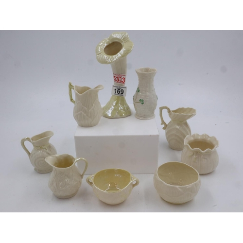 169 - Collection of Belleek ceramic items, including sugar bowls, cream jugs and vases, 9pcs in total, no ... 