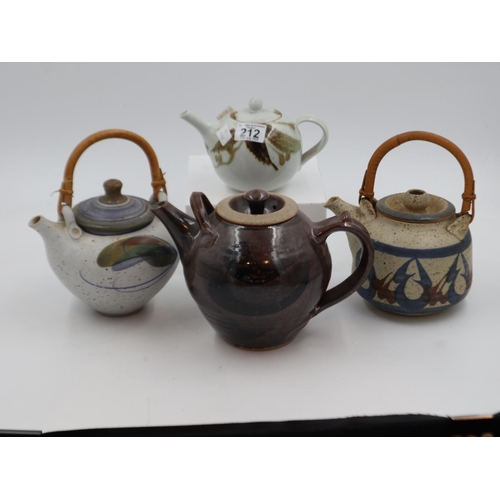 212 - Four mixed studio pottery teapots, no cracks or chips. Not available for in-house P&P