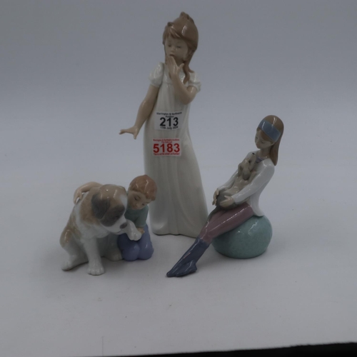 213 - Group of three Nao figurines, girl with puppy, boy with dog and girl yawning, largest H: 29 cm. UK P... 