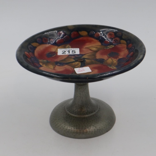 215 - William Moorcroft Pomegranate pattern comport, with hammered 'Sillustre' pewter base, 22cm D, chips ... 