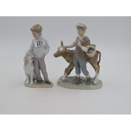 221 - Two Lladro figures depicting a boy with a calf and a boy with a dog, no cracks or chips. UK P&P Grou... 