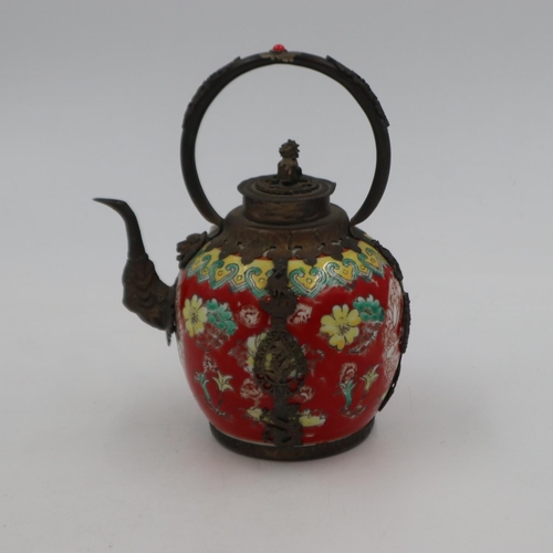 256 - Chinese ceramic and metal work teapot, H: 18 cm. UK P&P Group 2 (£20+VAT for the first lot and £4+VA... 