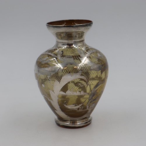 258 - Silver inlaid glass Oriental vase, 18cm H. UK P&P Group 2 (£20+VAT for the first lot and £4+VAT for ... 