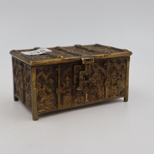 298 - Bronze casket, made in Belgium, with high relief cast decoration to five sides, velvet lined, 15 x 9... 