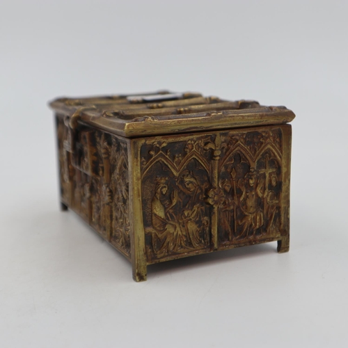 298 - Bronze casket, made in Belgium, with high relief cast decoration to five sides, velvet lined, 15 x 9... 