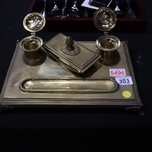 303 - Brass gentlemans writing inkwell set, 34 x 24 x 11 cm. UK P&P Group 3 (£30+VAT for the first lot and... 