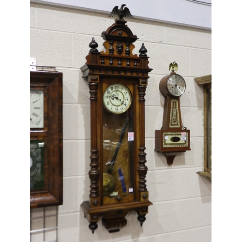 311 - Mahogany cased Vienna wall clock, pendulum, weights and key present, 148cm H. Not available for in-h... 