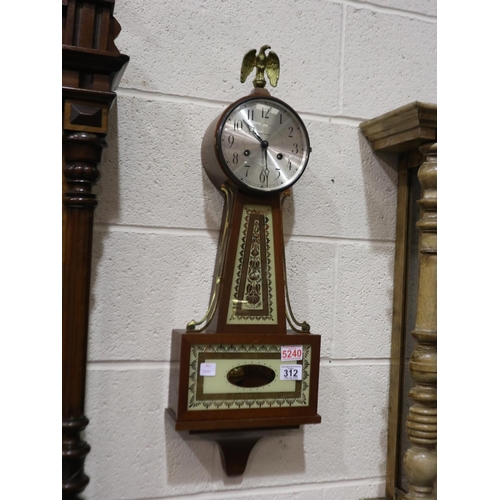 312 - Seth Thomas oak and brass wall clock, with eagle finial, H: 74 cm. Not available for in-house P&P