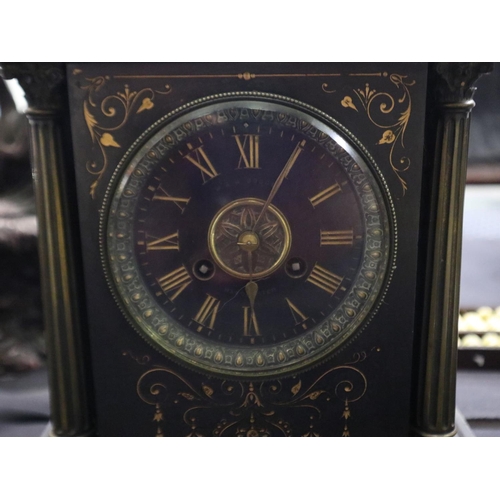 318 - 19th Century French slate cased mantel clock, brass barrel movement chiming on a gong, retailer W & ... 