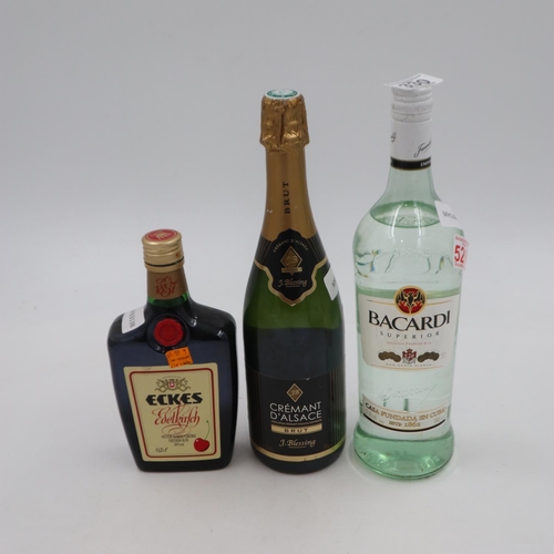 330 - 1ltr bottle of Bacardi, 50cl bottle of Kirsh and a bottle of Cremant D'Alsace. UK P&P Group 3 (£30+V... 