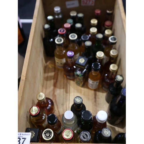 337 - Collection of 40 spirit miniatures in a Taylors 1987 Port wooden box. UK P&P Group 3 (£30+VAT for th... 