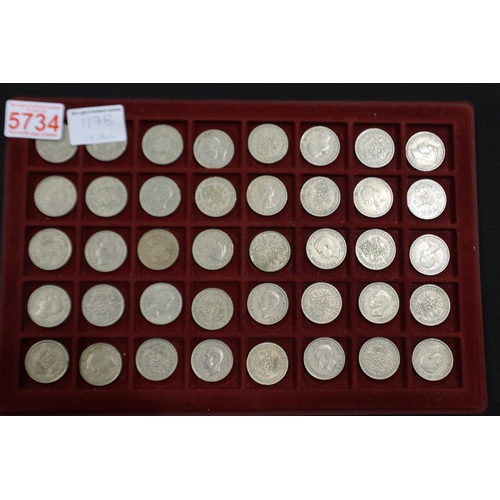 117B - Tray of 40 pre decimal florins. UK P&P Group 1 (£16+VAT for the first lot and £2+VAT for subsequent ... 