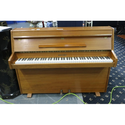 276 - Light oak Zender short overstrung piano. Not available for in-house P&P