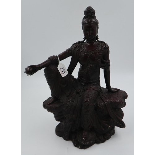 250 - Large bronzed figure of an Eastern deity sitting on a rock holding a ball in her right hand. Not ava... 