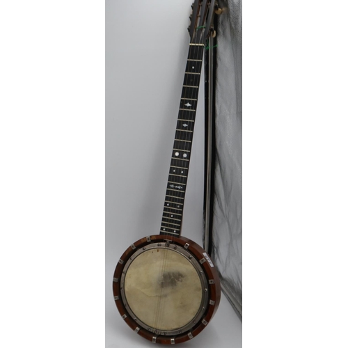 277 - Five string banjo, trainee luthier made. Leather bound case included. No makers marks and signs of b... 