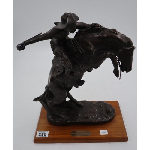 290 - Frederick Remington bronzed sculpture, The Bronco Buster, hand/whip repaired, H: 41 cm. Not availabl... 