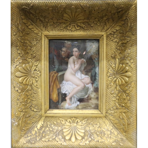 2001 - A 19th century oil on panel, bathing nude being spied upon by two onlookers, 11 x 15 cm, frame 27 x ... 