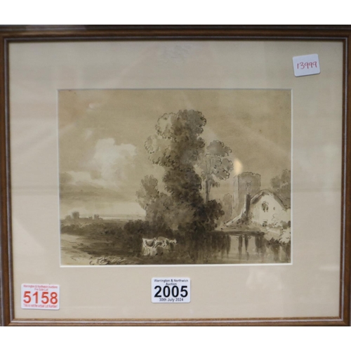 2005 - 19th century English school monochrome watercolour, waterside scene, 22 x 17 cm, frame 35 x 30cm. No... 