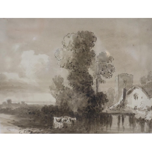 2005 - 19th century English school monochrome watercolour, waterside scene, 22 x 17 cm, frame 35 x 30cm. No... 