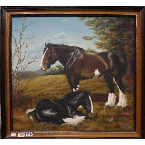 2007 - 20th century oil on canvas, depicting a standing coloured cob with a lying young horse, signature in... 