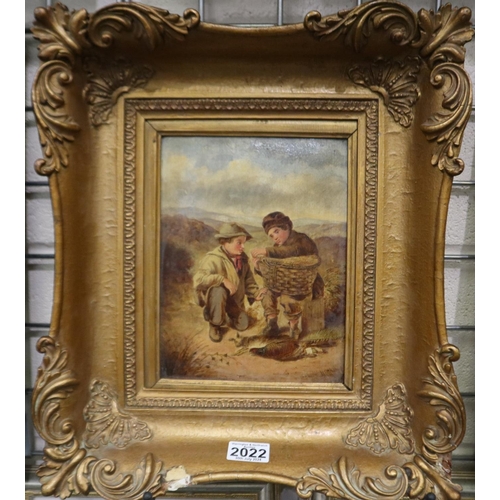 2022 - 19th century English school oil on card, young boys catching game, unsigned, 18 x 24 cm, frame 38 x ... 