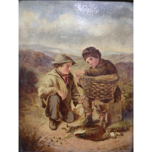 2022 - 19th century English school oil on card, young boys catching game, unsigned, 18 x 24 cm, frame 38 x ... 