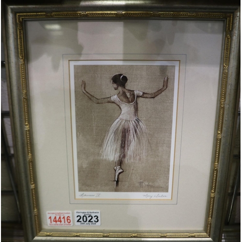 2023 - Two signed framed prints by Mary Dunlon depicting ballerinas, overall 36 x 31 cm. Not available for ... 