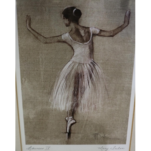 2023 - Two signed framed prints by Mary Dunlon depicting ballerinas, overall 36 x 31 cm. Not available for ... 