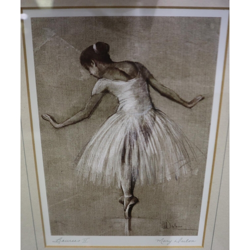 2023 - Two signed framed prints by Mary Dunlon depicting ballerinas, overall 36 x 31 cm. Not available for ... 