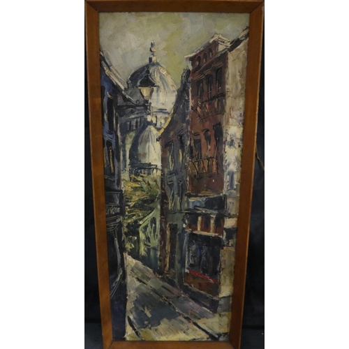 2024 - A mid 20th century impasto oil on board, Parisian street scene with the dome of the Basilica Montmar... 