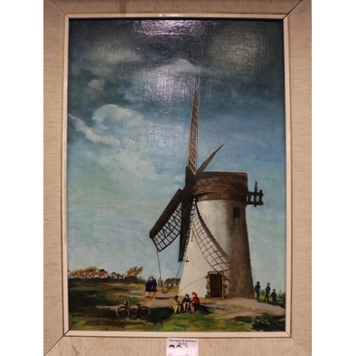 2031 - I Curtis (Scottish 20th century): oil on board, figures at a windmill, 27 x 39 cm, frame 35 x 47 cm.... 