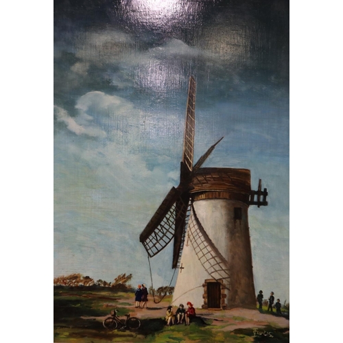 2031 - I Curtis (Scottish 20th century): oil on board, figures at a windmill, 27 x 39 cm, frame 35 x 47 cm.... 