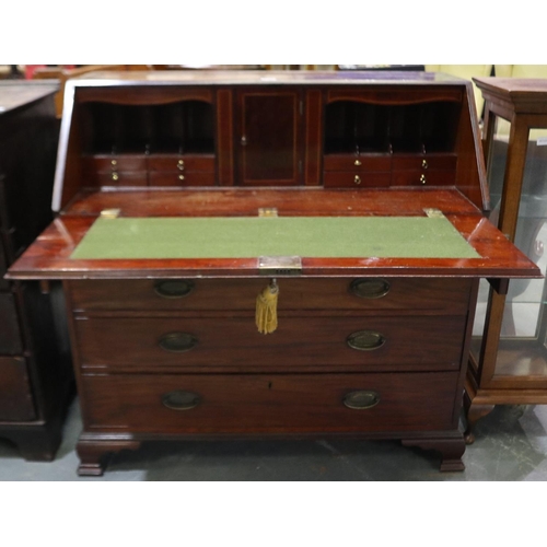 2075 - George III walnut bureau, comprising a fitted fall-front with pigeon holes, drawers and concealed dr... 