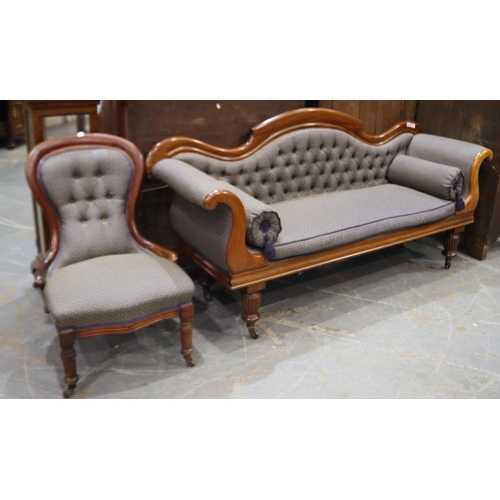 2076 - A Victorian upholstered window seat, having a buttoned shaped back and scrolling arms, L: 205 cm, wi... 