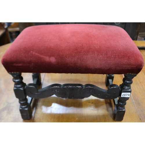 2079 - A Victorian Jacobean Revival stool, with ebonised frame and red velour upholstered top, 55 x 37 x 40... 