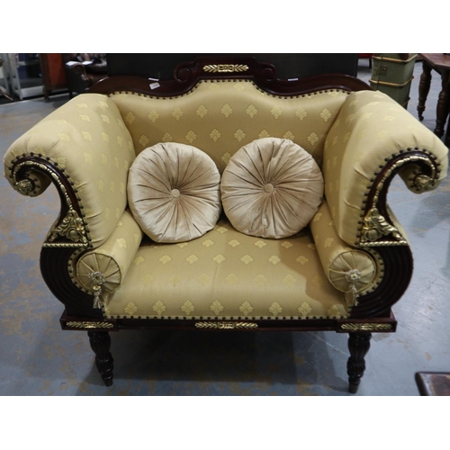 2089 - A contemporary upholstered throne chair, with overstuffed scrolling arms and gilt frame in the Frenc... 