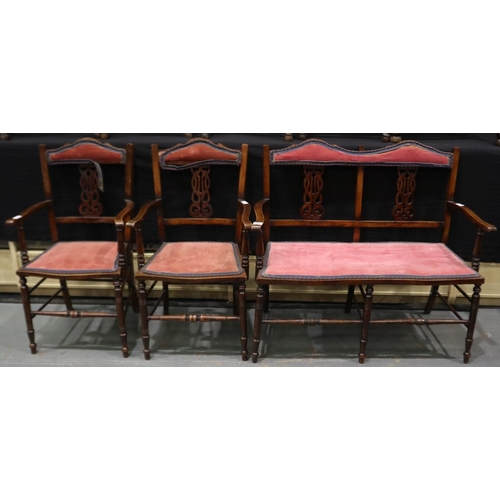 2098 - Edwardian parlour suite of three pieces, comprising two-seat settee and two elbow chairs. Not availa... 