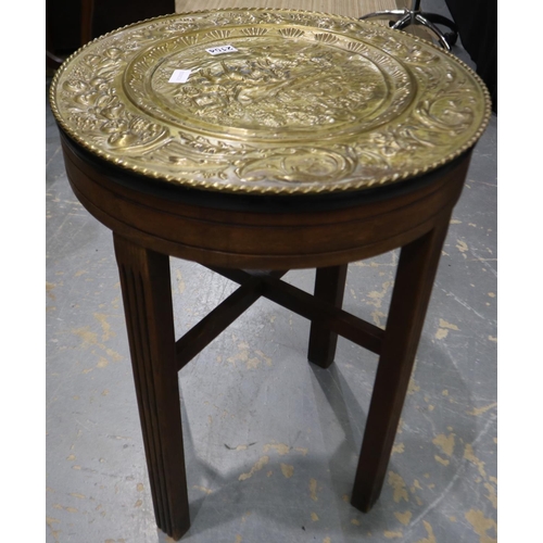 2104 - Victorian circular oak lamp table, with later appled brass plaque top, D: 52 cm, H: 72 cm. Not avail... 