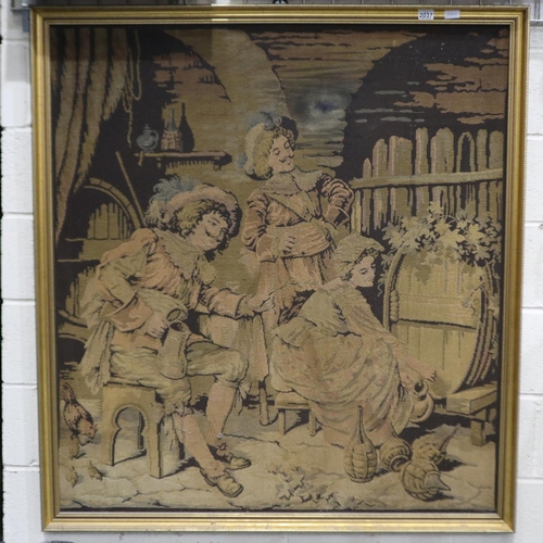 2037 - A large 19th century French tapestry, topping the flagons, 118 x 128 cm, frame 127 x 137 cm, faded t... 