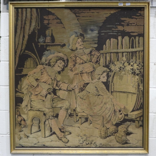 2037 - A large 19th century French tapestry, topping the flagons, 118 x 128 cm, frame 127 x 137 cm, faded t... 