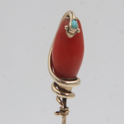 19 - Victorian unmarked 9ct gold, coral and turquoise stick pin, the top in the form of a coiled snake, t... 