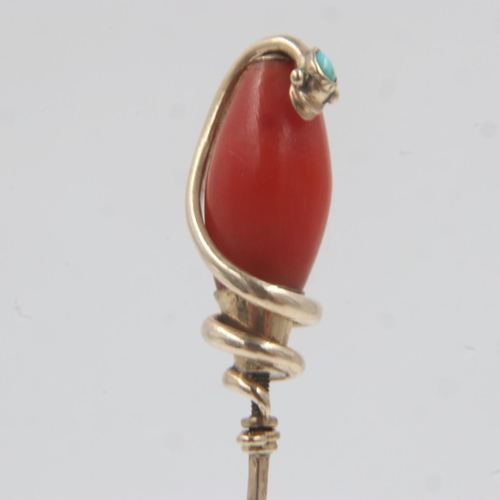 19 - Victorian unmarked 9ct gold, coral and turquoise stick pin, the top in the form of a coiled snake, t... 