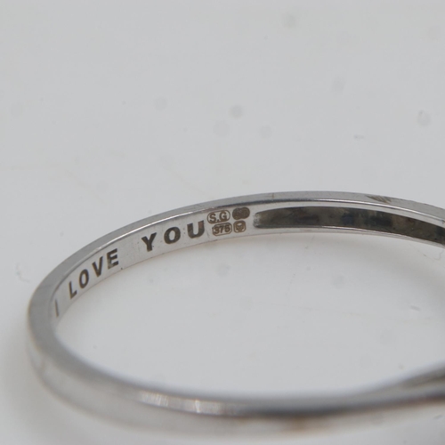 26 - 9ct white gold ring with heart shaped stone, inscribed I Love You, size P, 1.2g. UK P&P Group 0 (£6+... 